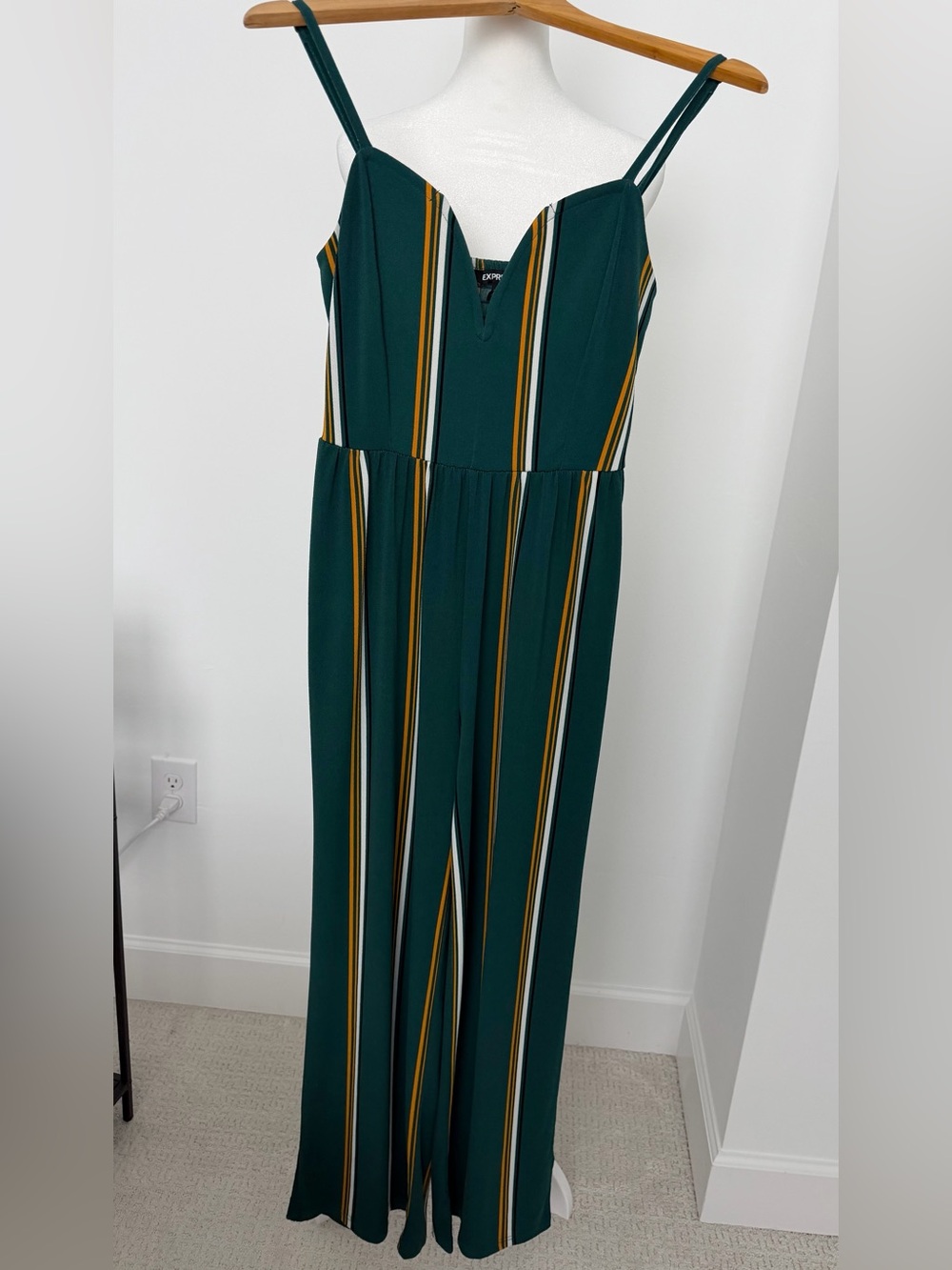 Express Teal Striped V-Neck Jumpsuit fall retro casual